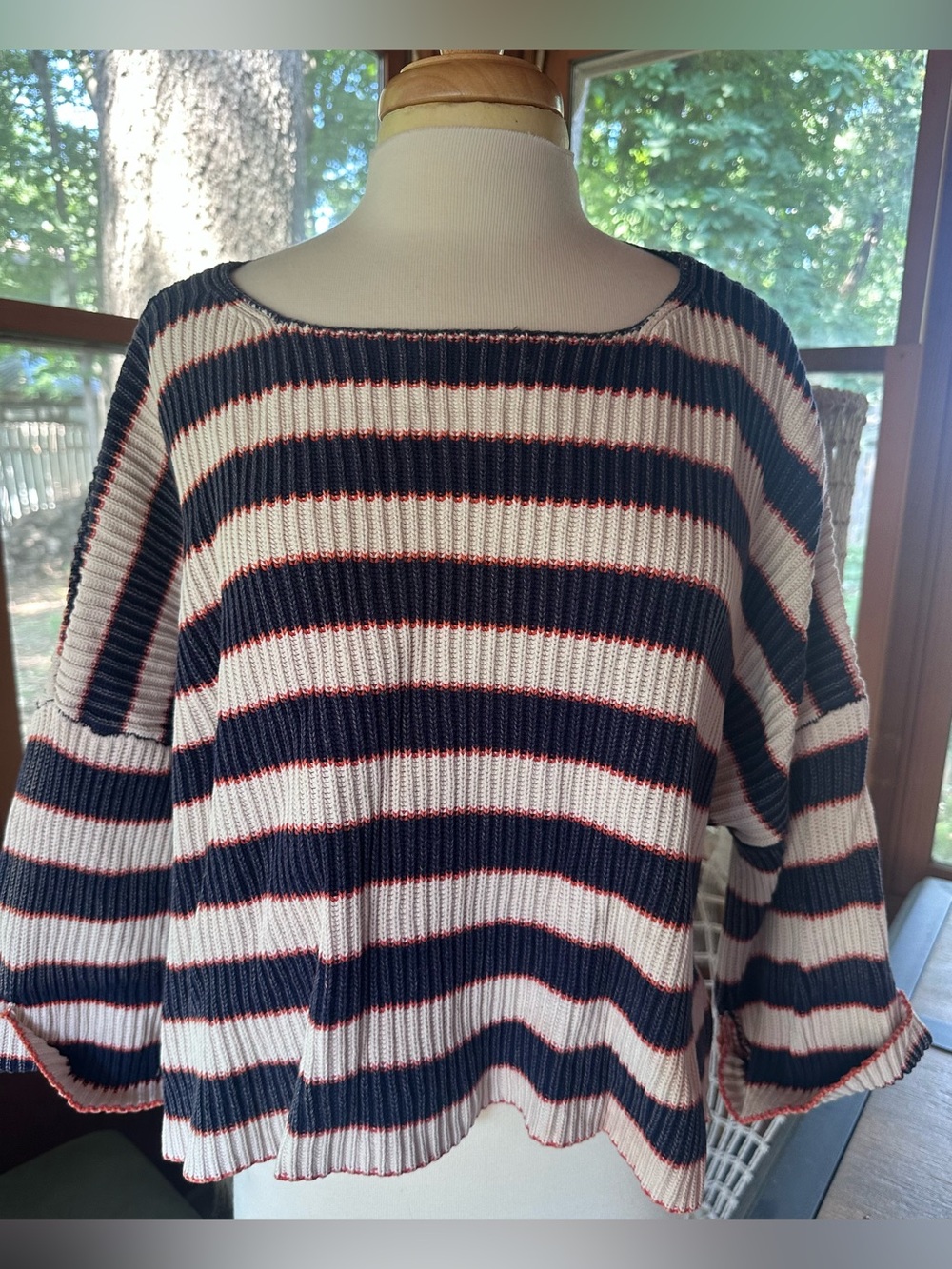 By Together Navy, White and Red Trim Striped Ribbed Knit Sweater